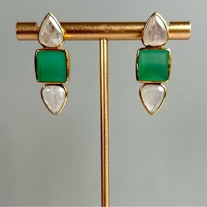 NEW Geometric Stud Earrings Moonstone/Green Chalcedony 14K Gold